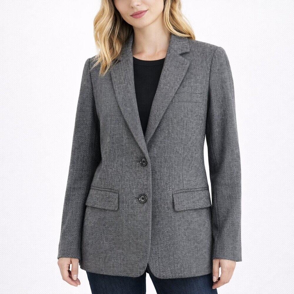 Everlane Gray Herringbone Wool Blend Blazer Size 0 Tailored Two Button Jacket